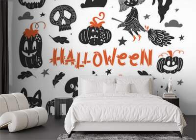 Halloween greeting card with holiday decoration elements and lettering Wall mural