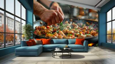 A chef's hands seasoning a sizzling skillet with fresh herbs, evoking the aroma and flavors of home-cooked meals. Minimal and Simple style Wall mural