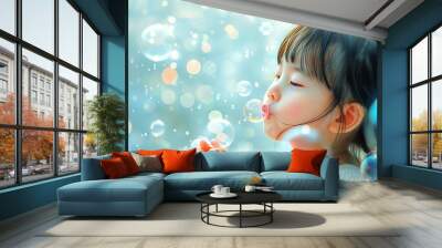 A child blowing bubbles with a smile, showcasing the simple joy and relaxation found in playful activities. Illustration, Minimalism, Wall mural