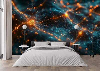 A complex network of neurons and synapses overlaid with quantum particles, suggesting the intersection of neuroscience and quantum physics in understanding consciousness. AI Technology and Industrial Wall mural