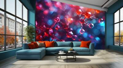 A contemporary background with geometric shapes in bold colors, overlaid with a molecular model of a transgenic organism, relevant to genetic engineering and biotechnology research. shiny, Minimal Wall mural