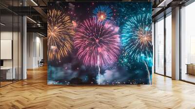 A dazzling array of fireworks exploding in the night sky, with colorful bursts and shimmering lights, capturing the excitement and celebration of a festive occasion. Illustration, Minimalism, Wall mural