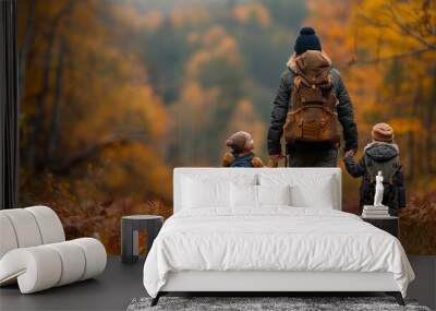 A family with their pets hiking through a forest during the autumn, capturing the vibrant colors of the foliage realistic photo, high resolution , Minimalism, Wall mural