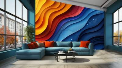 A modern abstract background with a vibrant gradient of colors transitioning from deep blue to bright yellow, overlaid with a pattern of intersecting lines and circles that create a sense of depth. Wall mural