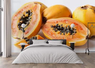 A selection of tropical papayas, one of them cut open to show the orange flesh and black seeds, artistically arranged on a white background. isolate on white background Minimal and Simple style Wall mural