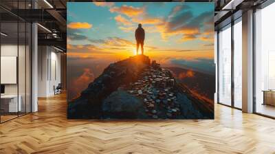 A silhouette of a person standing atop a mountain of coins, with a sunrise backdrop, representing triumph and financial achievement. Minimal and Simple style Wall mural