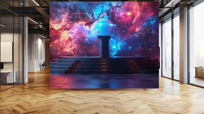 A sleek podium on a stage with a backdrop of a space-themed digital galaxy. Minimal and Simple style Wall mural