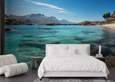 A stunning coastal landscape with a sandy beach, crystal-clear waters, and a dramatic mountain range rising from the sea, all under a bright, sunny sky. Minimal and Simple, Wall mural