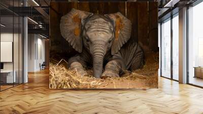 A touching realistic photo illustration of an orphaned elephant being cared for in a wildlife sanctuary, highlighting the importance of wildlife protection and conservation efforts. , Minimalism, Wall mural