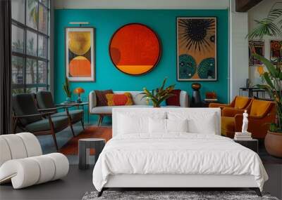 A turquoise accent wall adorned with a variety of colorful, modern art pieces, creating a vibrant backdrop for the minimalist furniture in the living room. Wall mural