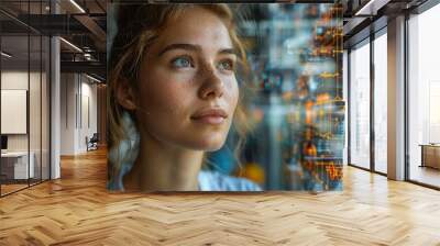 A woman with blue eyes looking at a computer screen with a lot of numbers Wall mural