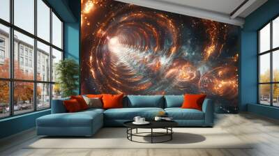 An abstract rendering of a particle accelerator, with spiraling paths of particles and bursts of energy, set against a dark, star-studded background. AI Technology and Industrial works concept, Wall mural