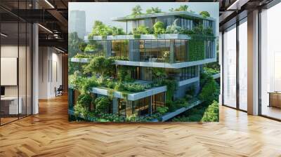 Artistic representation of smart city initiatives in energy-efficient buildings and green architecture. , Minimalism, Wall mural