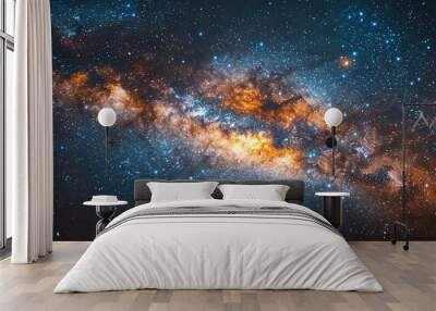 Astronomy Background, Starry sky with the bright core of the Milky Way prominently visible, creating a breathtaking view of our galaxy for night sky enthusiasts. Illustration image, Wall mural