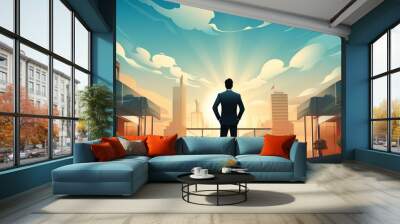 Business Success Concept, A successful business owner proudly standing in front of their storefront. surrealistic Illustration image, Wall mural