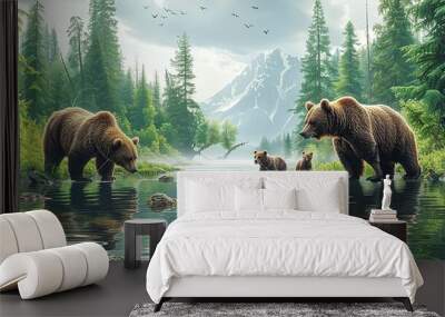 Charming design featuring a family of bears fishing for salmon in a river surrounded by lush green forests. Illustration, Image, , Minimalism, Wall mural