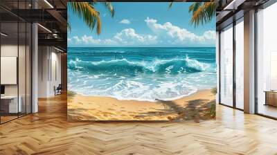 Colorful beach scenes depict the beauty of coastal landscapes with turquoise waters and sandy shores perfect for tropical-themed backgrounds and vacation designs Background Illustration, Bright color Wall mural