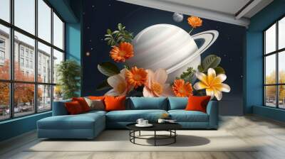 Cosmic scene with abstract representations of new technology, vibrant flowers, and space elements to showcase the unity of space science, technological discovery, and nature Illustration, Image, sci, Wall mural