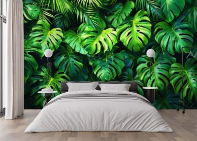 Dense rainforest canopy with overlapping leaves and vibrant greens, creating a lush and exotic background texture for nature and adventure-themed illustrations. , Minimalism, Wall mural