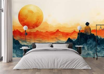 Dive into the endless ocean of tranquility where the sky and water merge in a mesmerizing watercolor landscape Wall mural