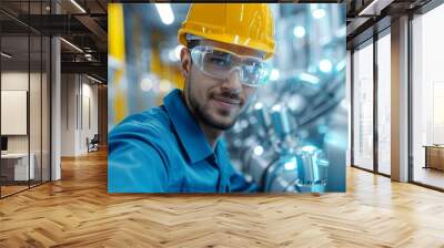 Double exposure of an engineer adjusting factory equipment in a twilight setting, emphasizing hard work and cutting-edge technology in industrial work Illustration, Image, , Minimalism, Wall mural