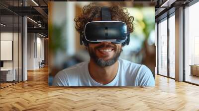 Embracing modern technology in daily life, a young man in his office or living room is immersed in a virtual reality experience, facilitated by his VR goggles.	 Generative AI Wall mural