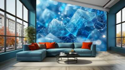 Geometric Style, An abstract technology background showcasing blue ice textures intertwined with geometric colorful patterns and a web of gray lines, representing a connected digital world. Various Wall mural