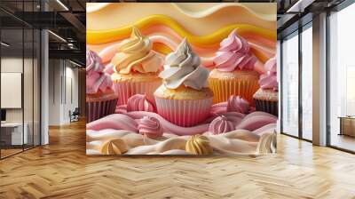 Grainy color fades in pastel yellows and pinks, featuring large, abstract cupcake shapes and exaggerated, whimsical food scenes for a fun, retro bakery-themed background. Illustration, Minimalism, Wall mural