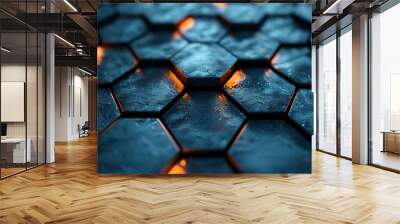 Hexagonal grid background with a metallic texture, creating a sleek and futuristic pattern perfect for tech interfaces, industrial designs, and modern decor. , Minimalism, Wall mural