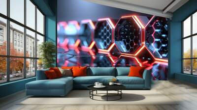 Hexagonal pattern with neon accents, ideal for dynamic and eye-catching digital art compositions. Illustrater Image, Shiny, bright, beautiful , Minimalism, Wall mural