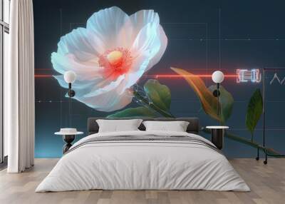 Intertwined flowers and advanced technology in a cosmic landscape symbolizing the harmonious relationship between nature and new technological discoveries in a colorful abstract style Illustration, Wall mural