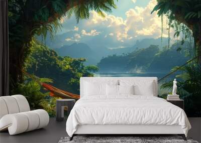 Legs resting on a hammock, overlooking a lush, tropical rainforest. Minimal and Simple style Wall mural