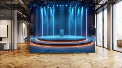 Modern stage podium with customizable spotlight angles and digital screen displays. , Minimalism, Wall mural