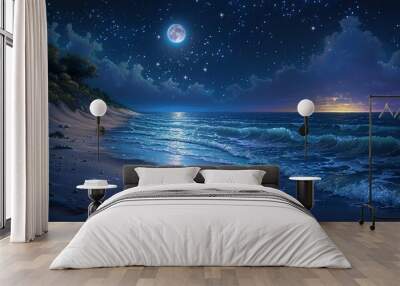 Nature Background, Moon and Stars Over a Quiet Beach: A peaceful beach at night, with the ocean waves shimmering under the moonlight and stars filling the sky. Illustration image, Wall mural