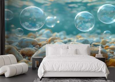 Nature Background Pastel style, Soft pastel bubbles against a shiny water backdrop Illustration image, Wall mural