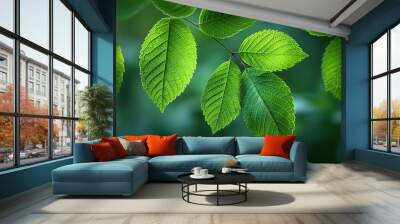 Nature Background Soft-focus image of vibrant green leaves Illustration image, Wall mural