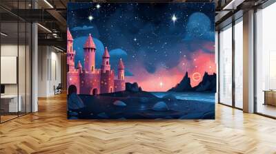 On a beautiful beach with sand castles and stars twinkling at night. Wall mural