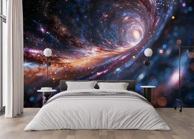 Render of a gravitational lensing effect, distorting the light from distant galaxies as it passes through a massive cluster of galaxies. Watercolor style, high resolution Illustration, in the style Wall mural