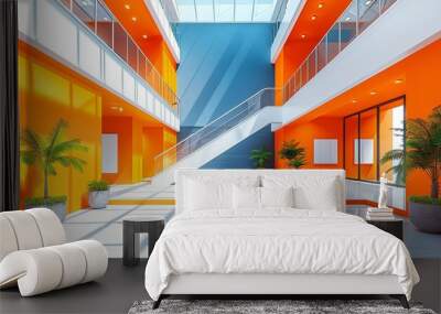 Stylish building interior featuring bright colors and minimalist design elements, creating a clean and visually engaging space with a modern architectural approach. high resolution Illustration, in Wall mural