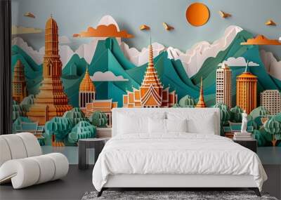 This intricate paper craft of Bangkok cityscape beautifully depicts the city's famous landmarks, from historic temples to modern skyscrapers, making it a best-selling illustration. Illustration, Wall mural