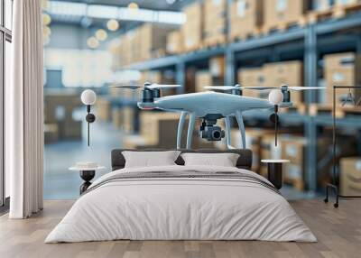 Using drones for inspecting products in warehouses modern technology industry Wall mural