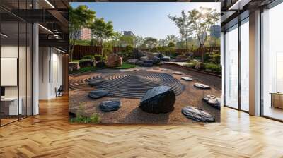 Zen garden with raked sand and stones, representing tranquility and mindfulness. , Minimalism, Wall mural