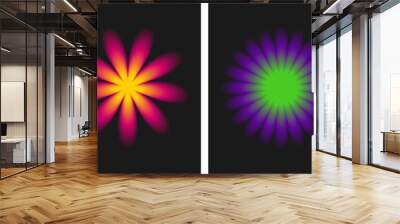 Collection of modern abstract flower shapes with blurry effect on black background. Set of trendy  aura gradient posters, cards in y2k style for social media. Vector illustration  Wall mural