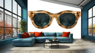 Watercolor sunglasses isolated on white. Hand drawn fashionable accessoiry with black lenses. Illustration of protective eyewear in leopard frame. Sun shades for fashion design, look and outfit. Wall mural