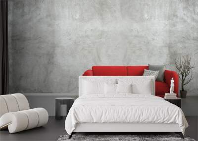 3d illustration of empty interior with red sofa, blank concrete wall, minimalist living room design Wall mural