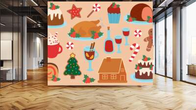 Set of Christmas Food elements. Winter holidays Dishes. Vector flat illustration. Wall mural