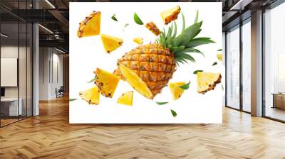 Fotografia di ananas volanti con foglie su sfondo trasparente. Freschi e succosi, ideali per l'estate. Wall mural