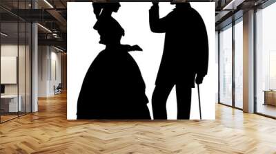 Full figure profile silhouettes of Victorian man who takes off his top hat in front of young lady  with fan. Man and woman face to face in historical clothes. Wall mural