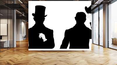 Set of two silhouettes portrait of young elegant man with top hat. Two gestures of man in victorian dress. Wall mural