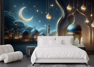 A 3D illustration of a mosque with a crescent moon and stars in the night sky. There are lanterns hanging from the ceiling. Wall mural